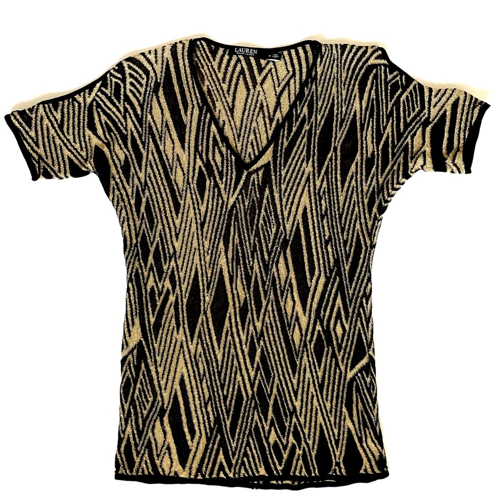 RALPH LAUREN Black Gold Metallic Geometric Cutout Knit Top Holiday Sweater